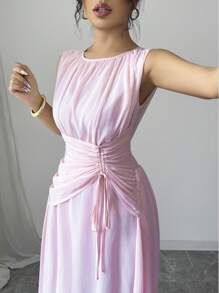 Vestido maxi de gasa elegante y casual para mujer, estilo vintage romántico, adecuado para la playa, elé de la tarde, fiestas, bodas, ir al trabajo, sin mangas, cintura con cordón, espalda plisada, forrado, primavera/verano - Rosa - Ver 5