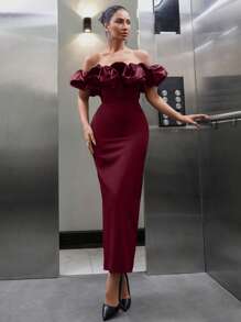 RueChic Women Satin Detailed Off Shoulder Ruffle Split Back Dress - Burgundy - View 5