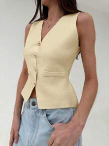 Aloruh Elegante chaleco de punto de unicolor con cuello en V minimalista para otoño/invierno con botones de metal modernos, top de punto