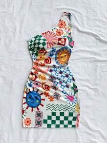 Soleia Bohemian  ,Boho, Romantic Floral ,Vacation, Floral  4th Of July Clothes  Rave Outfits White Graduation Dress Party Dress Graduation Outfit 4th Of July Dress  Butter Yellow 4th Of July Festival Concert Vacation Dress New Women's Holiday Sun Graphic One Shoulder Waist Ruched Fitted Bodycon Mini Dress, Perfect For Party & Inner Wear In Autumn/Winter - Multicolor - View 4