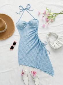 Soleia 度假吊带系带粉色纹理面料不对称下摆连衣裙