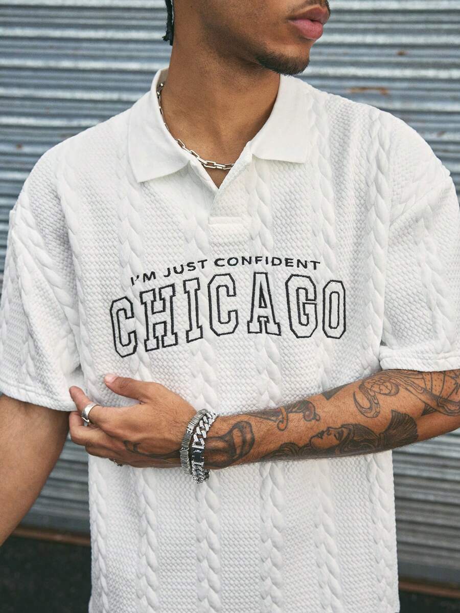 AXEPEAK 男式字母图案针织 Polo 衫，常春藤风格，返校季，街头风版 - 白色 - 查看 1