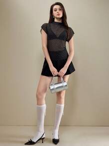 SHEIN X Scot Louie Muvela 女士优雅透视波点印花立领蝙蝠袖T恤，百搭夏季都市通勤装，复古学院风，Y2K办公室正式场合，优雅都市通勤装，日常休闲装，浪漫90年代复古风，女士派对礼服，时尚简约，婚礼宾客，伴娘，女主人，外出，社交，约会，派对，聚会，音乐会，毕业典礼，早午餐，机场穿搭 - 棕色 - 查看 3