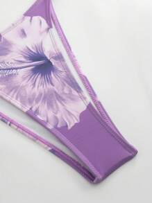 Swim Oasis 3pcs/Set Women Summer Beach Vacation Outfits, Floral Print Bikini Set And Mesh Tie-Front Beachwear Dress, Bohemian Holiday Style - Purple - View 8
