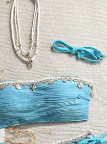 Swim Vcay 2件套纹理纯色贝壳丝带装饰吊带比基尼套装 - 藍色 - 查看 3