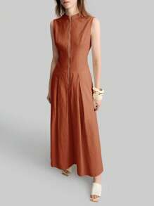 Ontre 2025 Nuovo Stile Autunnale Outfit da Vacanza al Mare Abbigliamento da Club Outfit da Insegnante Abbigliamento per Concerto di Musica Country Streetwear da Donna Abito Estivo Minimalista Colore Unito Cerniera Semi-Aperta Vita Stretta Abito Casual Business Casual Abito Casual da Donna Stile Old Money - Marrone ruggine - Visualizzare 5