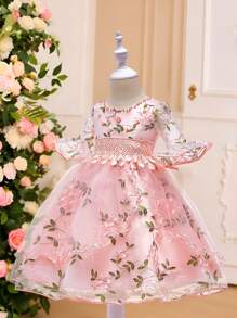 Young Girl' Lace Trim Ruffles Beaded Round Neck Short Sleeve Elegant Princess Style Embroidery Pink Puff Dress For Birthday, Wedding, School Activity, Party, Piano Recital - Pink - View 5