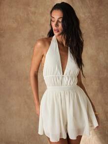 Glamine Combinaison sexy à col en V, dos nu avec attache, couleur unie, coupe ample, convient pour la plage, les vacances, les tenues décontractées - Nude - Voir 5