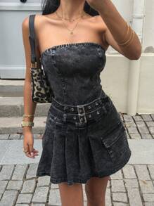 SHEIN EZwear 女士露肩荷叶边牛仔连体裤 - 藍色 - 查看 2