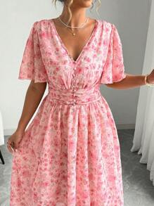 Elenzga 夏季加大码 V 领碎花松紧腰短袖优雅连衣裙