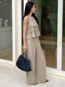 DAZY 2 pezzi/set Top alla halter con volant a righe e pantaloni casual da donna