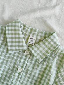 Vintaside Kids 男宝宝格子印花纽扣短袖衬衫和短裤休闲两件套 - 綠色 - 查看 7