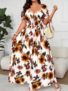 Flirla Plus Size Women Elegant Off Shoulder Short Sleeve Sunflower Print Dress, Vacation Wear - Apricot - View 6