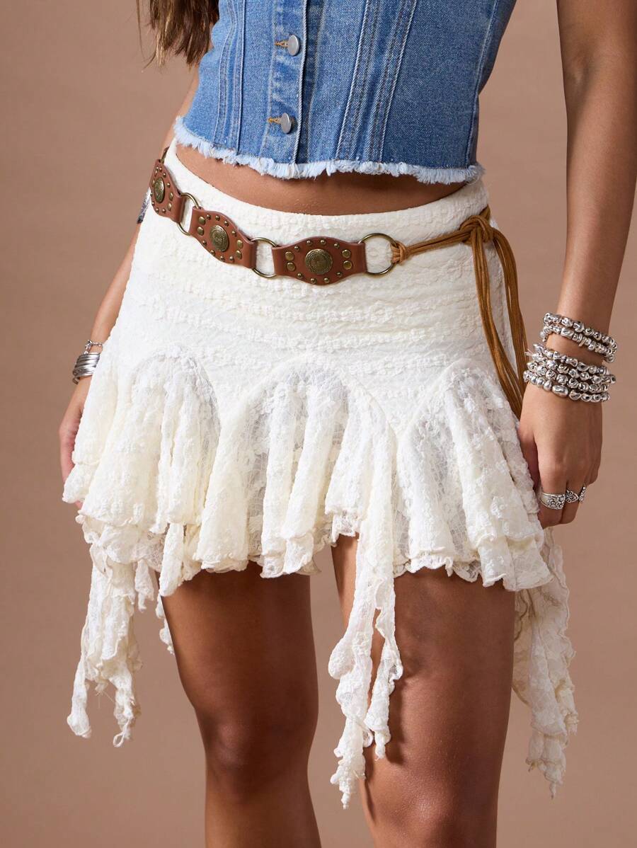 MISSGUIDED 波西米亚手工蕾丝迷你裙节日不对称荷叶边分层西式夏季裙子配装饰腰带 - 杏色 - 查看 1
