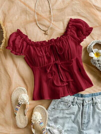 Soleia Textured Tie-Up Casual Resort Shirt, Versatile & Red Off Shoulder Top Wine Red Top Red Summer Top Dark Red Top Cute Red Top