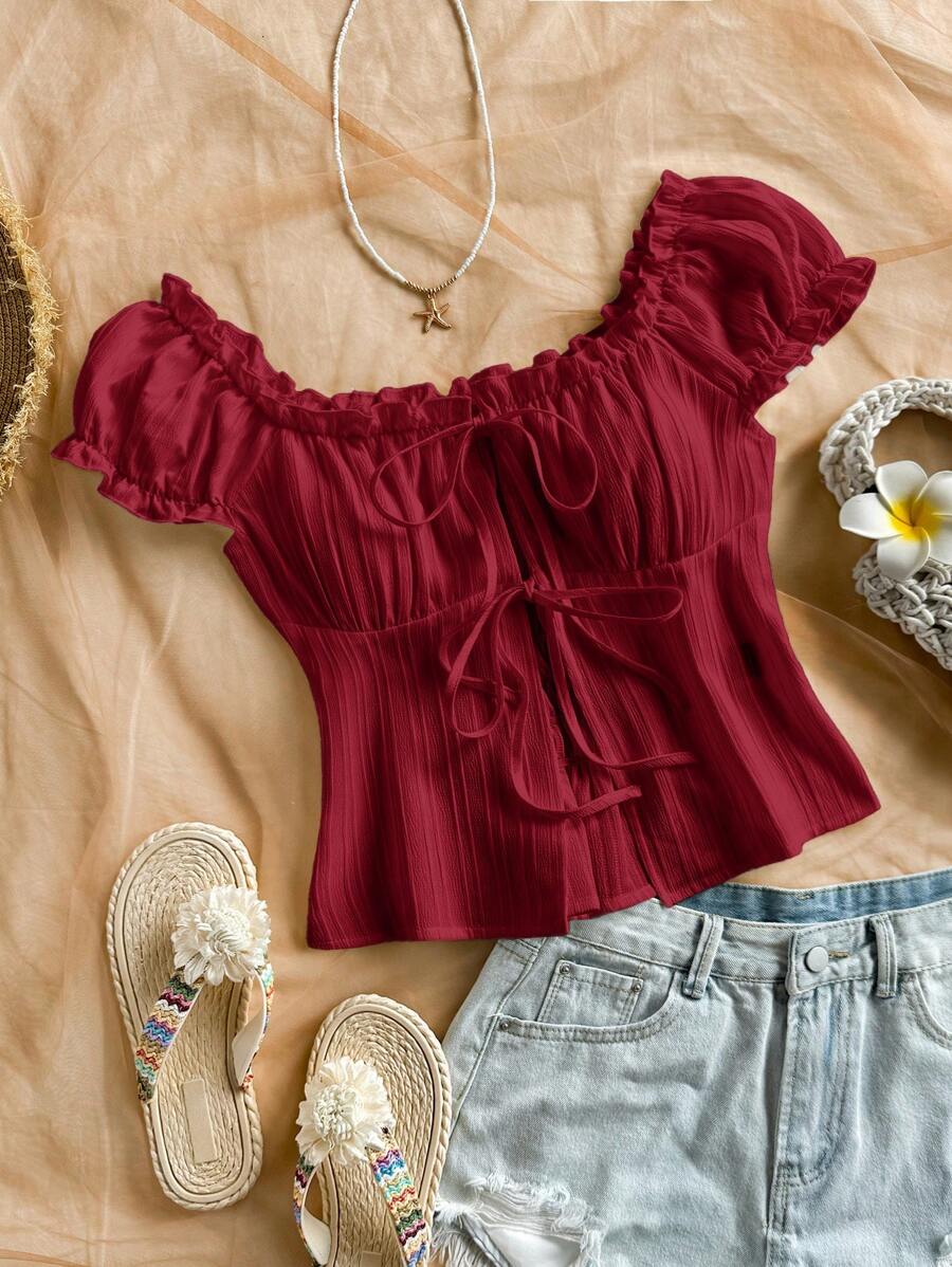 Soleia Textured Tie-Up Casual Resort Shirt, Versatile & Red Off Shoulder Top Wine Red Top Red Summer Top Dark Red Top Cute Red Top