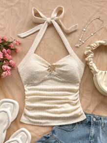 Soleia WYWH 女式露背 V 领花卉金属扣无袖针织纹理修身背心，适合节日、约会、休闲下午茶、派对、音乐节、波西米亚风度假 - 黃色 - 查看 4