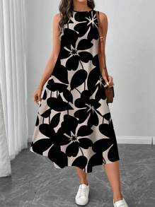 SHEIN LUNE Women's Casual Apricot Floral Print Mid-Length Dress, Suitable For Spring/Summer Holiday,Sun Dresses For Women,Shirt Dresses For Women Chic Dress