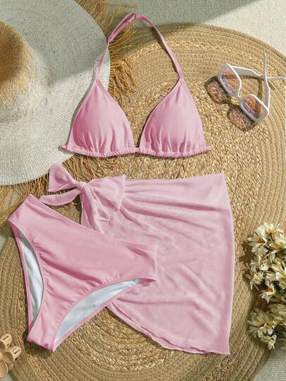 SHEIN Tonårsflickor 3 delar Vitt bikiniset för stranden