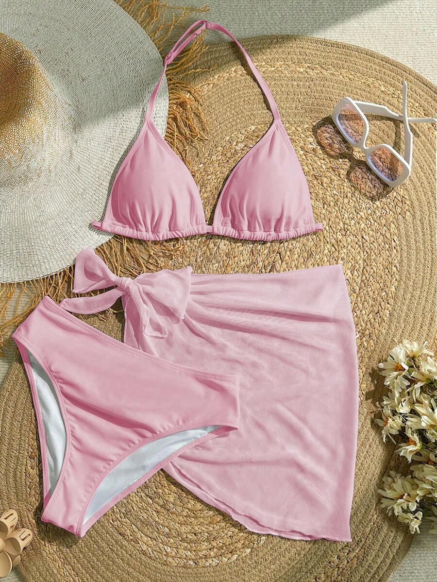 SHEIN 少女三件套白色比基尼沙滩泳装套装 - 粉色 - 查看 1