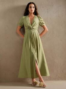 Anewsta 优雅的 V 领单排扣短袖褶皱和扭纹细节泡泡袖连衣裙，时尚精致，适合度假、节日、毕业典礼、春夏季 - 綠色 - 查看 4