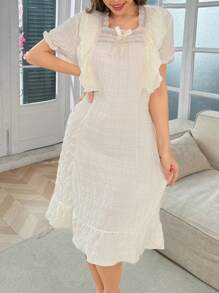 Côtesoire 蕾丝拼布方领提花荷叶边下摆长款睡袍 - 杏色 - 查看 5