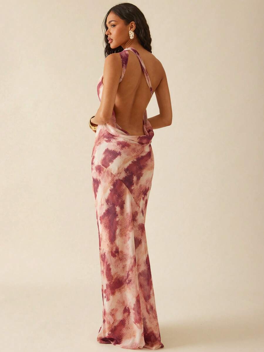 Hauture Sexy Summer Vacation Twist Front One Shoulder Open Back Cowl Maxi Dress, Bohemian Backless Dress - Multicolor - View 1