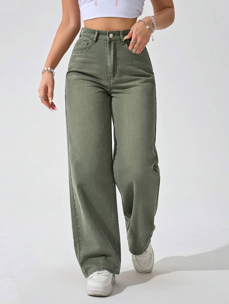 Jeanoix Petite Y2K Women's Casual Washed High Waist Straight Leg Jeans - Army Green - View 1