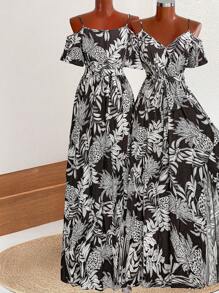 SHEIN VCAY 大码女式植物印花露肩休闲连衣裙 - 彩色 - 查看 2