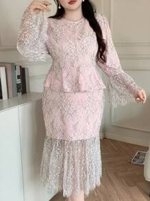 Dazy Plus 2 件套圆领撞色蕾丝腰鱼尾下摆半身裙套装，通勤优雅