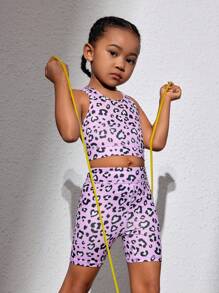 SHEIN 少女針織豹紋無袖上衣和短褲運動套裝