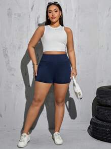 SHEIN Essnce Pantalones cortos de motocicleta de color azul oscuro versátiles, cómodos y de uso diario con bolsillos, para mujeres de talla grande, de moda casual y deportiva para primavera y verano, ropa de calle, shorts de ciclista, para salir - Azul Marino - Ver 9