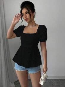 Rafferiza Áo sơ mi dài tay khoét lỗ màu trơn đơn giản mùa hè cho nữ - màu đen - Xem 7