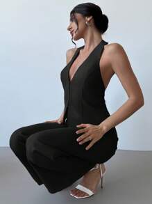 Firerie Conjunto de 2 piezas: Elegante chaleco sin mangas de lino ligero con cuello abierto y pantalones anchos de cintura alta con pliegues, traje casual elegante para ir al trabajo, primavera/verano en otoño/invierno - Negro - Ver 3