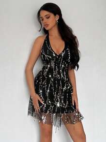 Firerie Vestido mini de verano con cuello en V, sin mangas y espalda descubierta, de lentejuelas negras, sencillo y elegante para fiesta, festival de música o cóctel