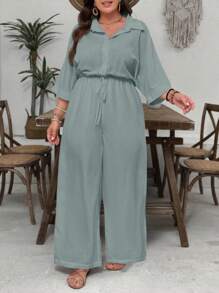 SHEIN VCAY Plus Size Island Vacation White Textured Fabric Collared Short Sleeve Cinched Waist Wide Leg Jumpsuit, Casual Versatile Loose Fit
