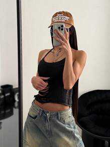 StreetHx Women Streetwear Solid Color Hollow Out Distressed Sleeveless Casual Knit Top, Spring/Summer - Black - View 4