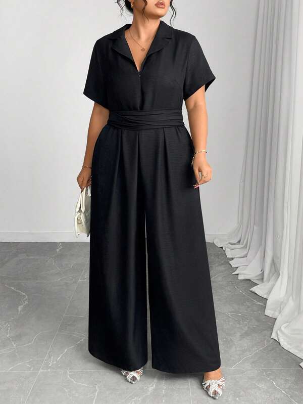 Elenzga Plus Size Women's Casual Chinese-Style Jumpsuit, Suitable For Party, Outing, Vacation, St. Patrick's Day, Easter, Valentine's Day, Thanksgiving, Christmas. Loose, Comfortable, Versatile, Slimming, Spring/Summer Outfit
