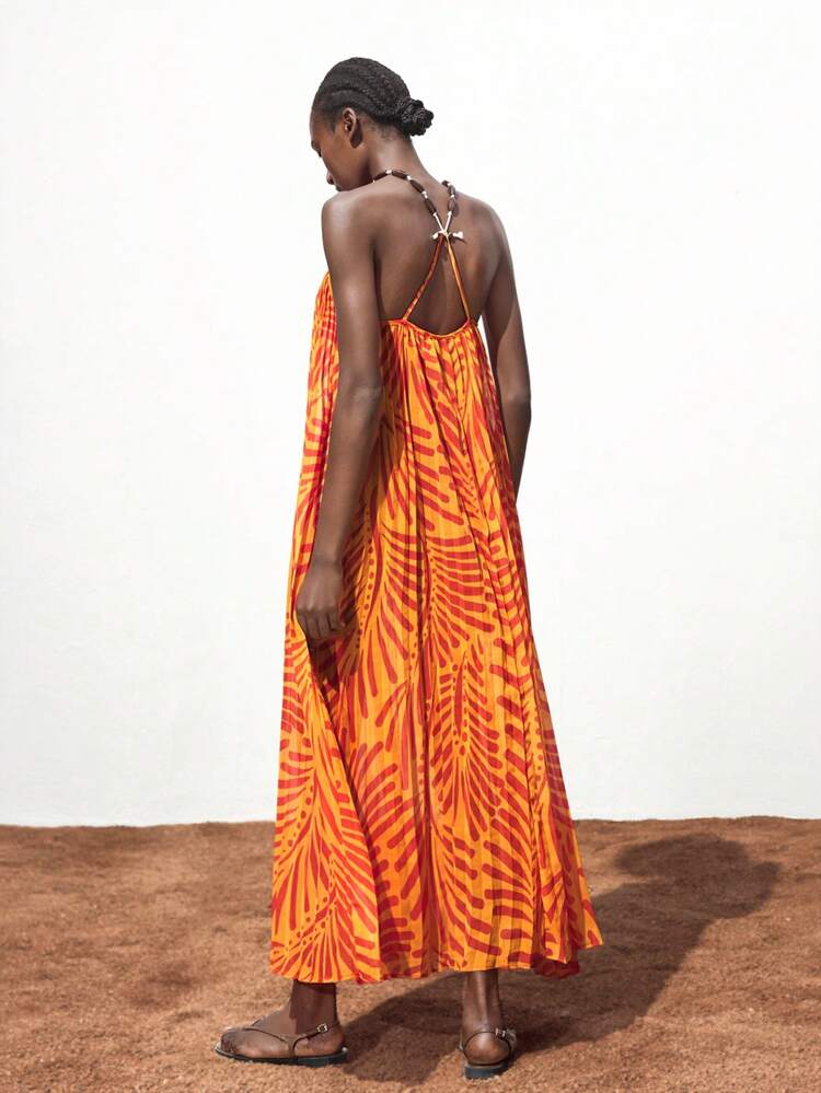 SHEIN Maija Orange Digital Print Pleated Chiffon A-Line Loose Beach Dress For Women, Casual & Fashion, Spring/Summer