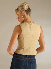 SHEIN Forever 21 女式夏季新款休闲V领无袖修身上衣 - 卡其色 - 查看 2