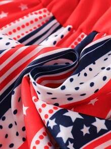 女婴红色蝴蝶结装饰和独立日星星印花吊带裙，可爱优雅，适合日常、度假和休闲场合 - 紅色 - 查看 5