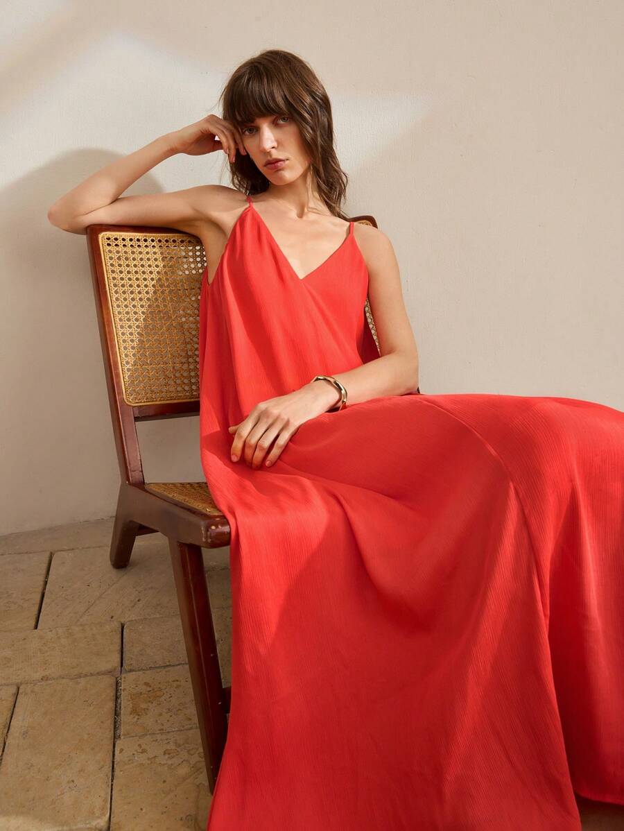 Ontre Váy suông dài bằng vải satin trơn họa tiết mùa hè cho nữ, váy đi nghỉ thanh lịch mùa hè - Đỏ - Xem 1