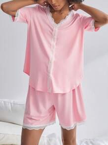 BloomMama Set di pigiama da allattamento con maniche corte, 2 pezzi con pizzo e bottoni, set da camera elegante per il sonno - Rosa - Visualizzare 3