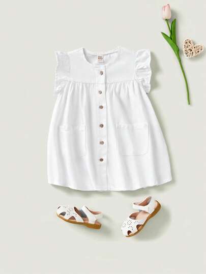 Cozy Pixies Baby Girl Spring Summer Boho Beach Washed Flare Sleeve Patched Pocket Denim Summer Dress,Baby Girl Summer Outfit