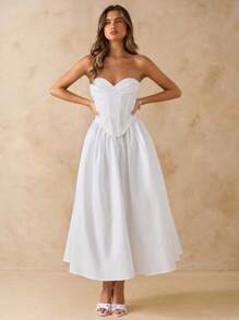 SHEIN BAE 纯白色优雅中长连衣裙，带蝴蝶结，修身休闲连衣裙，适合约会、度假、派对、生日、早午餐、婚礼嘉宾、伴娘、春夏季 - 白色 - 查看 4