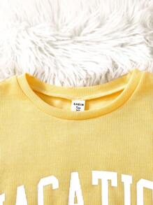 SHEIN 少女白色罗纹针织休闲圆领短袖图案印花两件套 - 黃色 - 查看 6