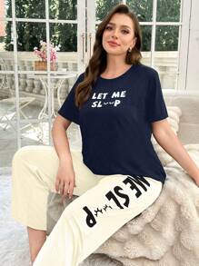 休闲字母睫毛印花大码睡衣套装 - 藏蓝色 - 查看 6