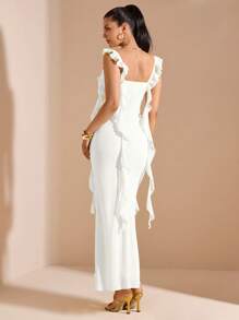 SHEIN BAE 春夏纯黄色荷叶边下摆修身雪纺长款美人鱼裙，黄色连衣裙，婚礼伴娘短款礼服 - 白色 - 查看 2