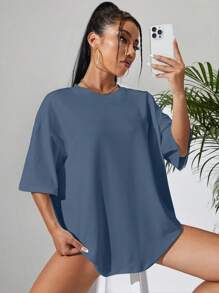 Sundraya Crew Neck Drop Shoulder T-Shirt - Blue - View 4