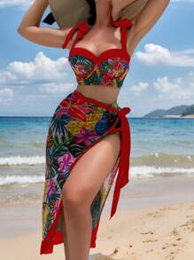 Swim Oasis 3 件套女士比基尼套装：吊带泳衣 + 三角比基尼泳裤 + 纱笼裙 - 彩色 - 查看 2